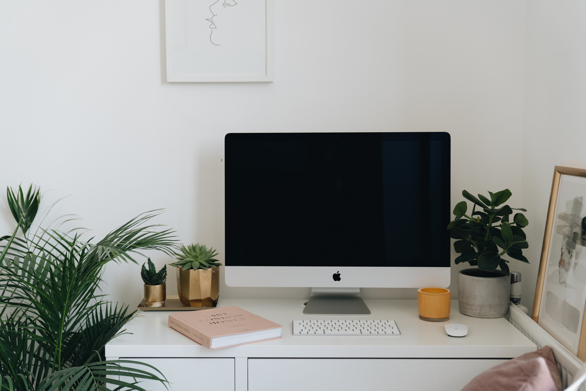 Office Table with Desktop and Houseplants on the Side